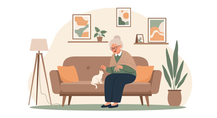 Elegant Grandma Relaxing On Sofa Stroking Cute Cat In Cozy Home Interior