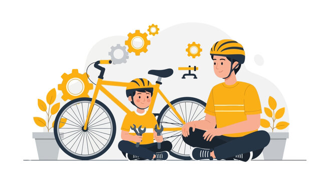 Father and Son Repairing Bicycle Together, Bonding Time and Learning Skills