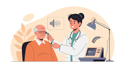 Female Doctor Examining Senior Man’s Hearing in Audiology Clinic During Checkup