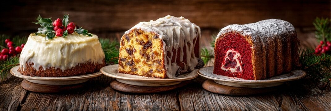 Festive holiday desserts showcase three elegant bundt cakes with intricate glazes and decorations, nestled on rustic wooden surface with holly berries