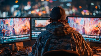 Obraz premium Nighttime Video Editor Surrounded by Glowing User Interfaces