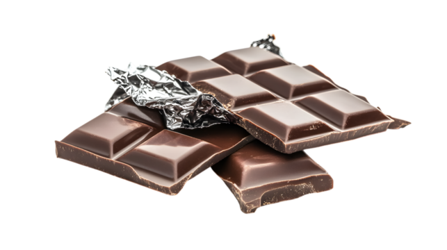 A piece of chocolate with foil on it. The foil is silver and the chocolate is brown. The foil is covering the chocolate and is partially torn