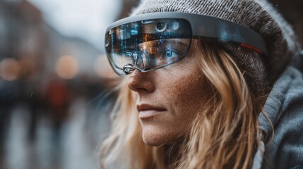 Naklejka premium an individual in lightweight AR eyewear strolling through a high-tech metropolis