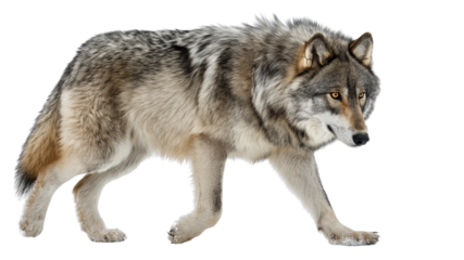 Lone gray wolf caught in side stride, thick fur and intense amber eyes visible, real look, full view, on white background, 4k, unique, no blur, clear view
