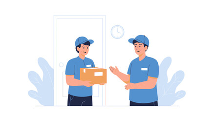 Delivery Service Illustration With Two Men Exchanging a Package At the Door