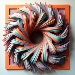 A vibrant, colorful pattern of books and magazines forms a geometric, psychedelic swirl with bright orange and purple lines