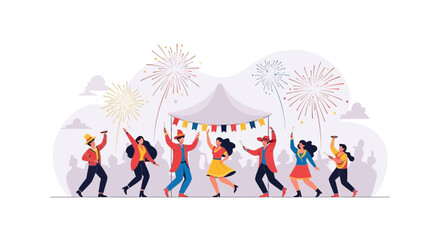 Fototapeta premium Festive Outdoor Celebration With Fireworks And Dancing Crowd At Event