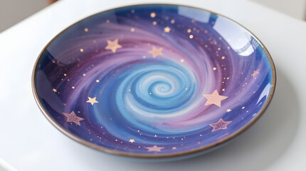 A beautiful ceramic plate with a vibrant swirl of galaxy colors .