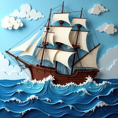 An antique galleon with full sails cruises across the deep ocean waves