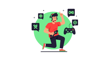 Enthusiastic gamer with headset and microphone surrounded by gaming icons in a vibrant scene