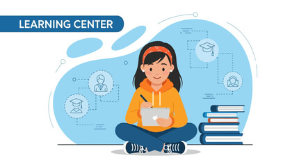 Enthusiastic Student Learning Online with Digital Tablet and Stack of Books