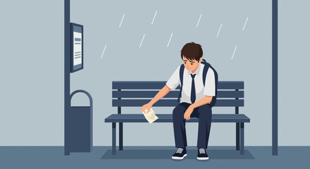 Obraz premium Disappointed Student Sitting on Bench During Rain Illustration Art Style