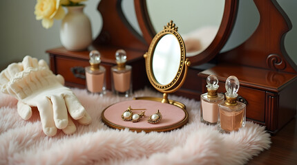 A beautifully arranged vintage vanity setup with a delicate small gold mirror featuring an ornate frame
