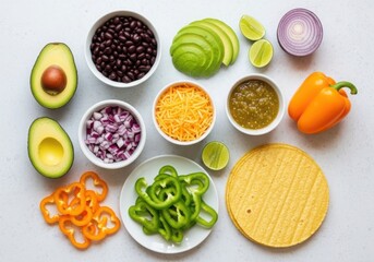 A colorful array of taco ingredients isolated on white background