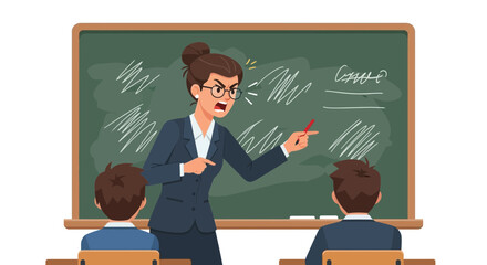 Exasperated Teacher Scolding Students At The Chalkboard In A Classroom