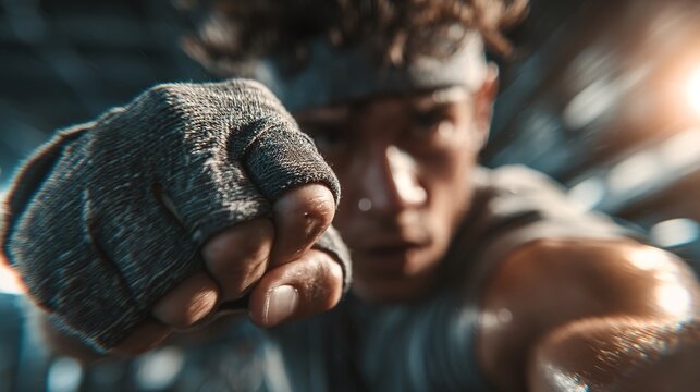 Young Man Engaged in VR Boxing Game with Gym Background