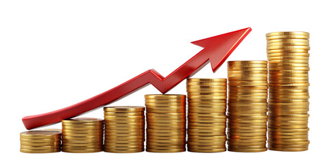 Gold Coin Stacks with Red Arrow Pointing Up on Transparent Background gold