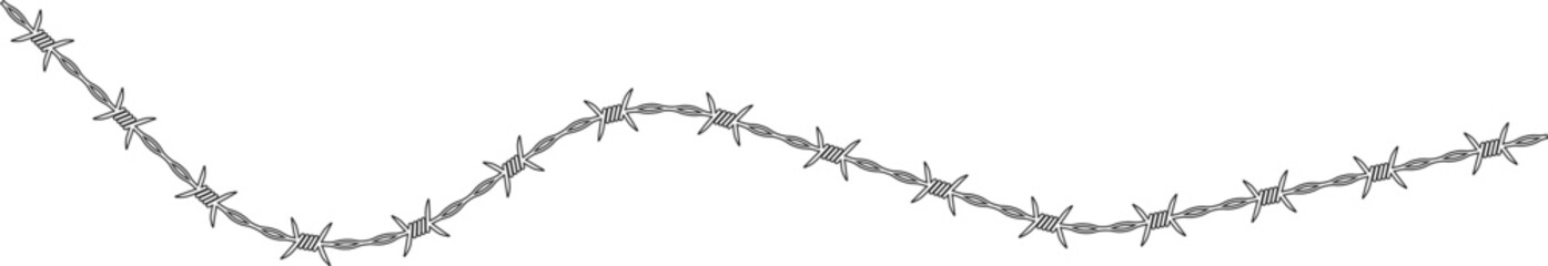 Barbed wire forming a series of undulating waves with barbs evenly spaced along the path.