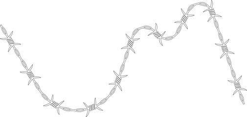 Barbed wire forming a zigzag pattern with irregular angles and barbs scattered along the path.