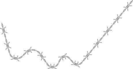Barbed wire arranged in a line with irregular, varying stroke widths and barbs along its path.