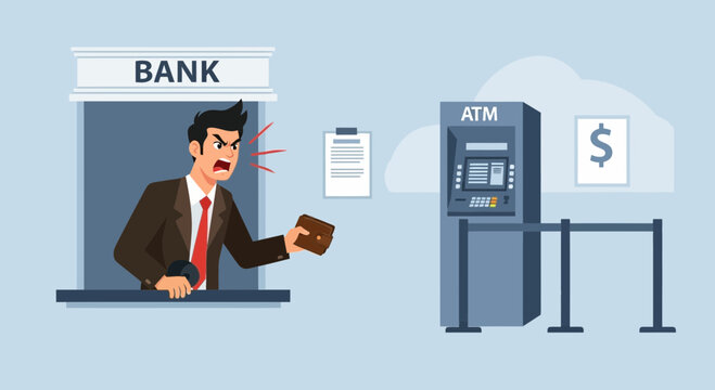 Frustrated Customer Yelling at Bank Teller Due to Empty Wallet and ATM Problem