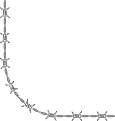 Barbed wire element forming a shape that combines a curve with a closed loop and has barbs distributed along its path.