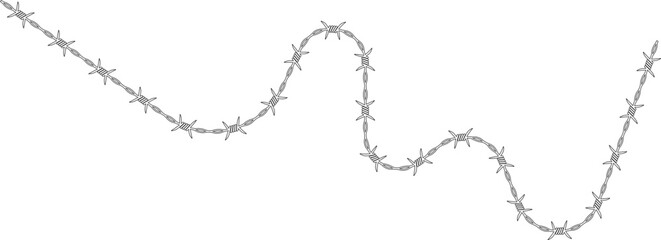 Barbed wire element forming a zigzag shape in which the angles vary and has barbs distributed along its path.