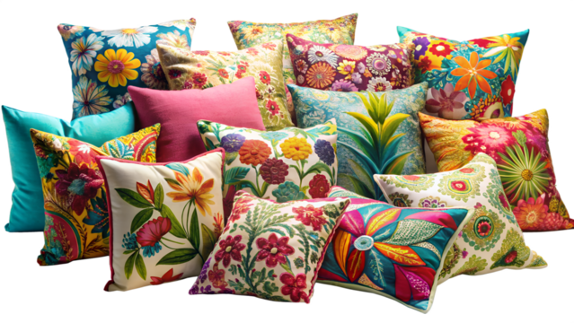 Pile of Decorative Throw Pillows with Floral Designs on Transparent Background vibrant