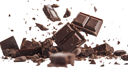 A chocolate bar has been smashed into pieces, creating a mess on a white background. Concept of chaos and destruction, as the chocolate crumbs are scattered everywhere