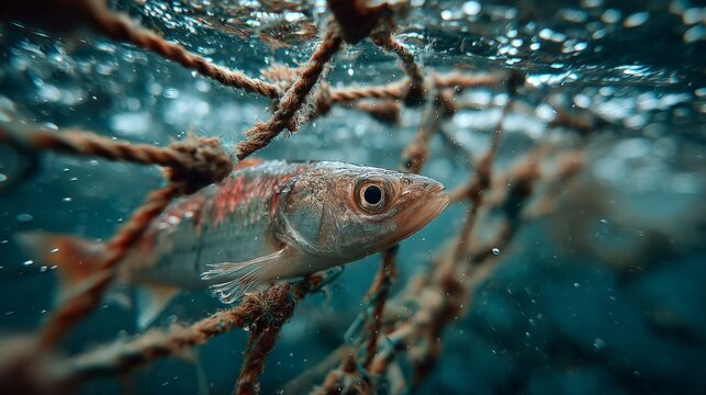 Fish trapped in fishing net is struggling underwater