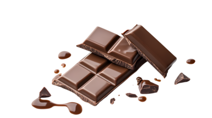 A chocolate bar with a few pieces missing and chocolate dripping from it. Concept of indulgence and temptation, as the chocolate is a popular treat that many people enjoy