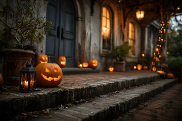 Close up of halloween pumpkin lantern decorations sits on the front porch steps of a house