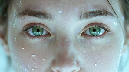 Mesmerizing green eyes glistening with water droplets evoke feelings of purity and refreshing hydration
