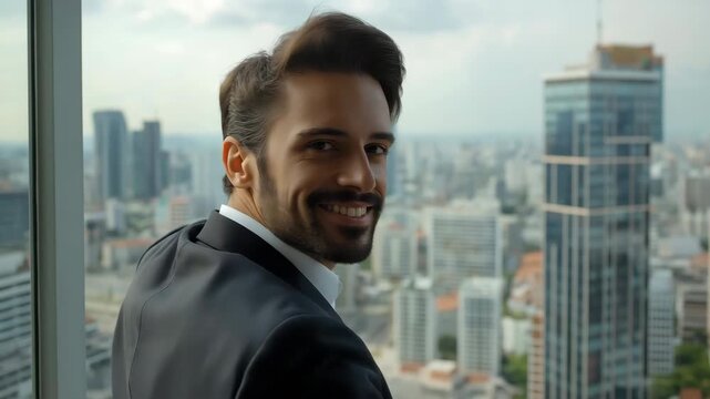 Confident businessman in suit enjoys scenic cityscape view from highrise office window