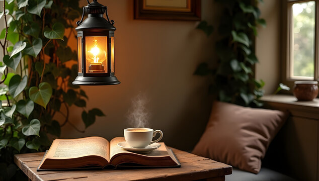 A cozy vintage reading nook with a hanging lantern . - Powered by Adobe