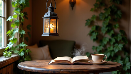 A cozy vintage reading nook with a hanging lantern .