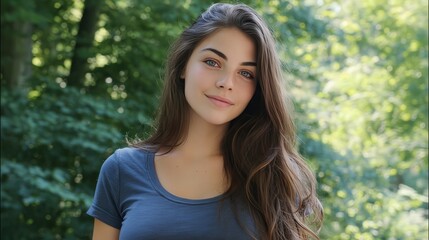 Fototapeta premium Natural Portrait of a Young Woman with Long Hair in a Lush Green Environment