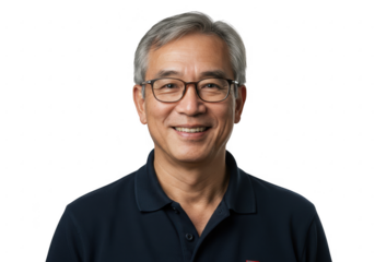 Smiling elderly asian man wearing glasses isolated on transparent background
