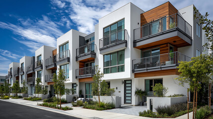 Modern Two-Story Residential Buildings with Large Windows and Wood Paneling in Sunlight