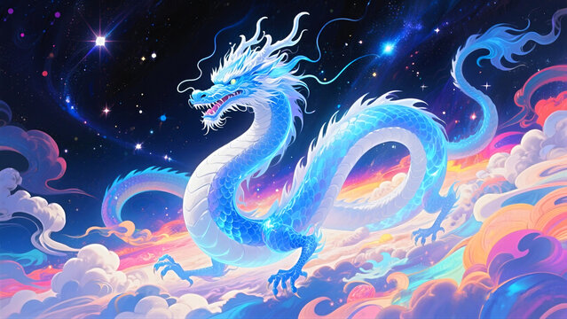 Majestic blue dragon soars through vibrant cosmos amidst swirling clouds and stardust, evoking fantasy and power.