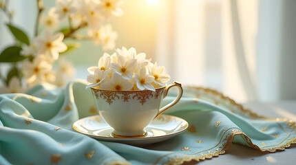 A delicate antique tea cup with blooming jasmine flowers inside
