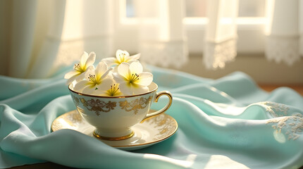 A delicate antique tea cup with blooming jasmine flowers inside
