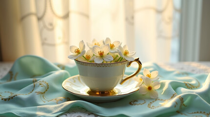 A delicate antique tea cup with blooming jasmine flowers inside
