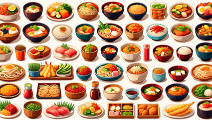 Delicious Japanese Food Variety Meal Dishes High Quality Close Up Illustration