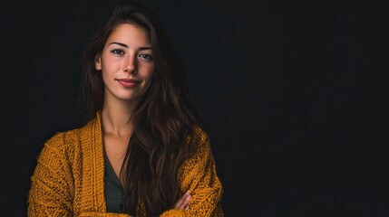 Confident Young Woman in Cozy Sweater Against Dark Background