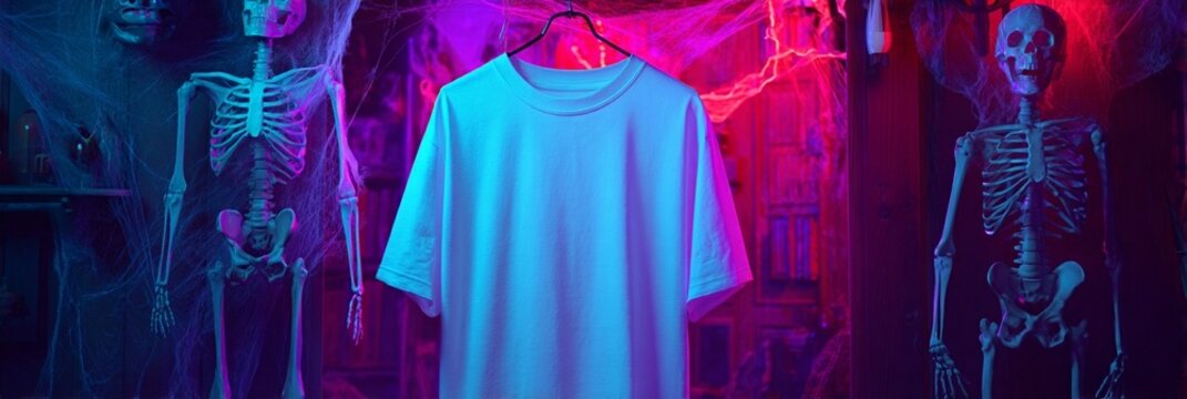 A minimalist white t-shirt suspended in a surreal, neon-lit scene with skeletal figures, creating a striking contrast between simplicity and haunting atmospheric lighting.