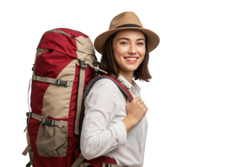Smiling woman with large backpack isolated on transparent background
