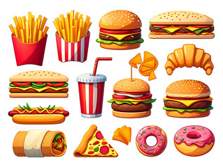 Delicious Fast Food Collection Featuring Burgers Fries Donuts Pizza and Croissants