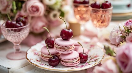 Fototapeta premium Delicate pink macarons adorned with fresh cherries, elegantly arranged on a vintage porcelain plate surrounded by soft rose blooms and crystal glassware, creating a romantic and sophisticated dessert 