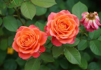 Fototapeta premium Two vibrant orange roses bloom in a lush green garden setting